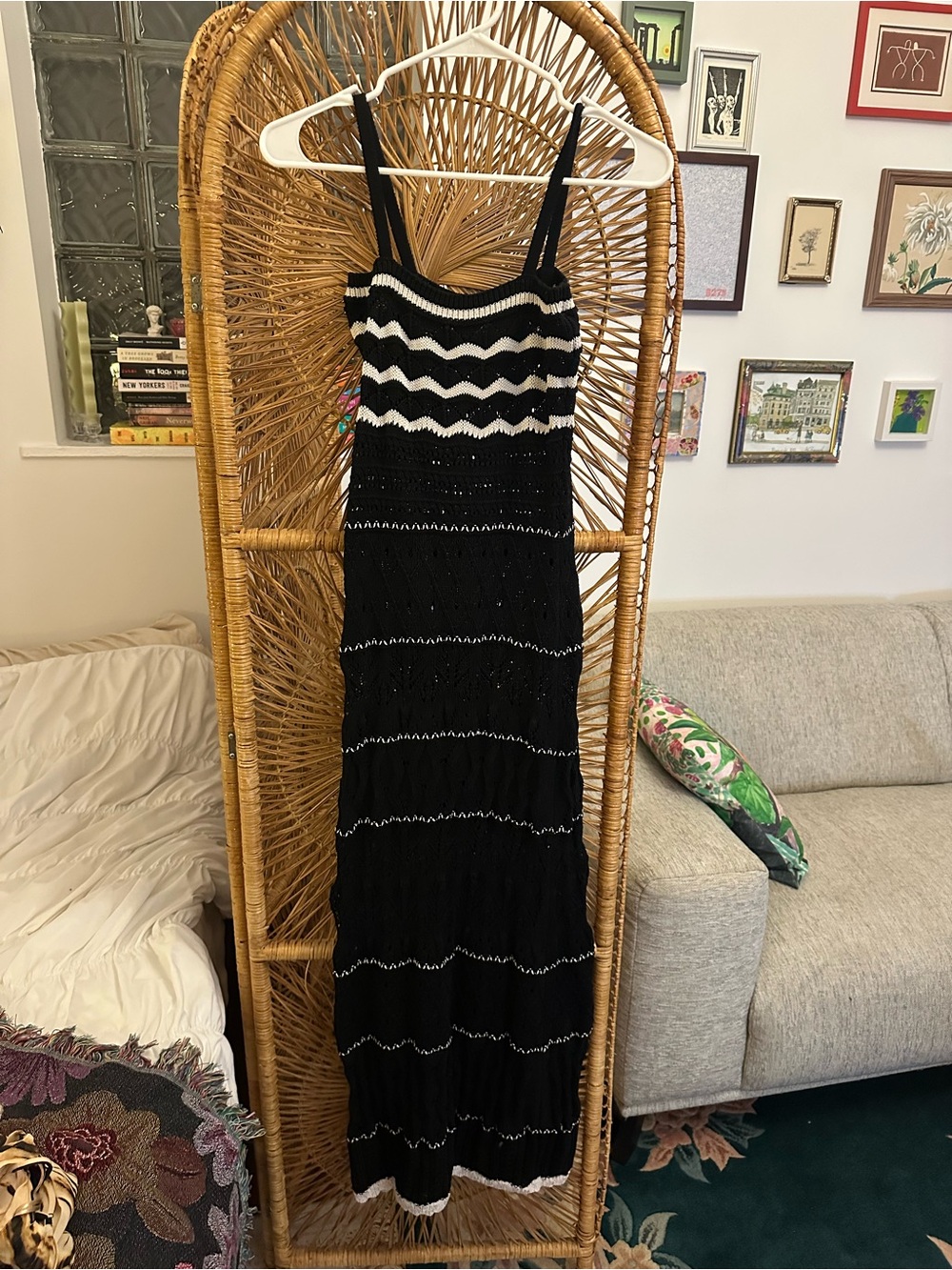 Boutique Black & White Striped Knit Maxi Dress with Spaghetti Straps